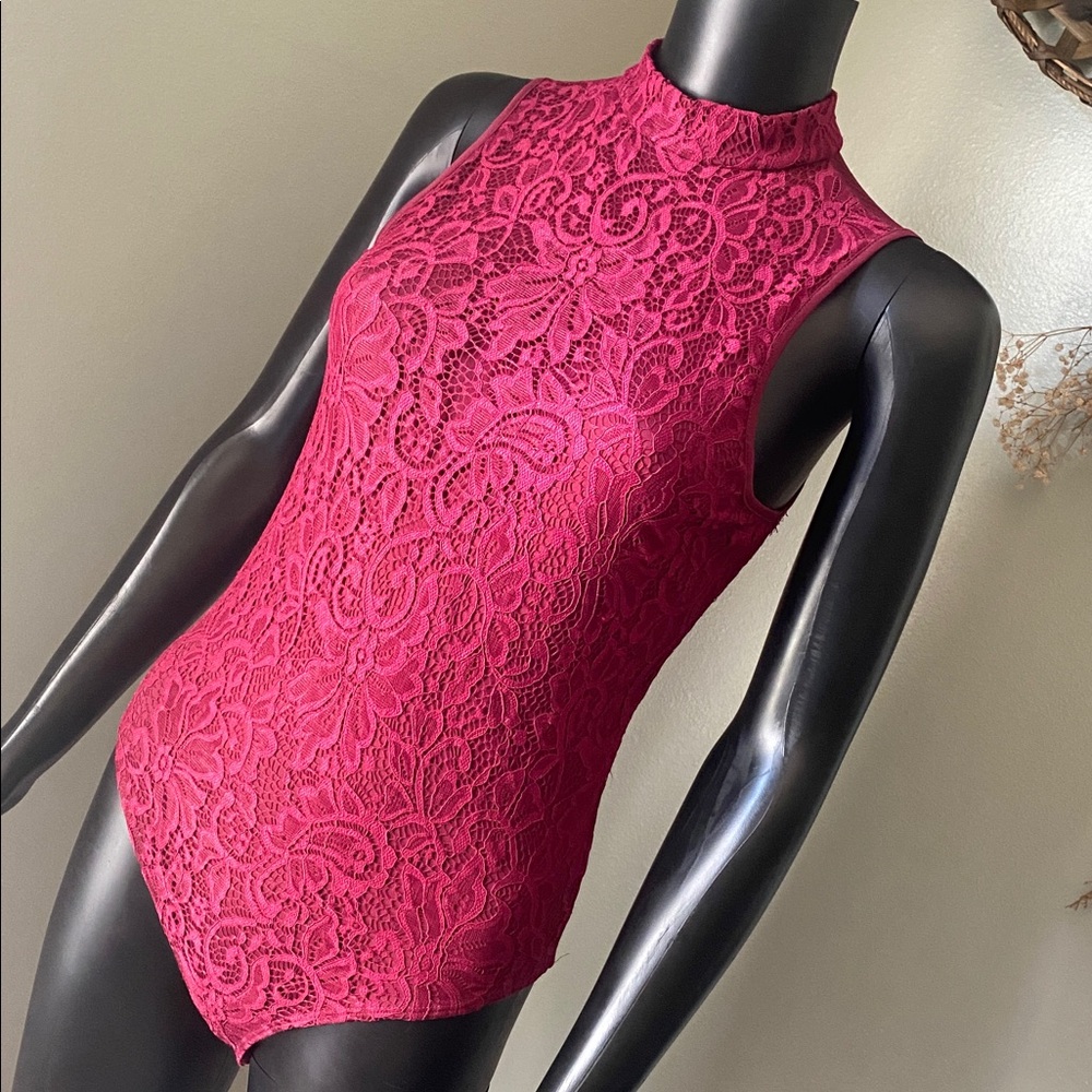 Express Burgundy Flirty Lace Bodysuit Top - Picture 5 of 13